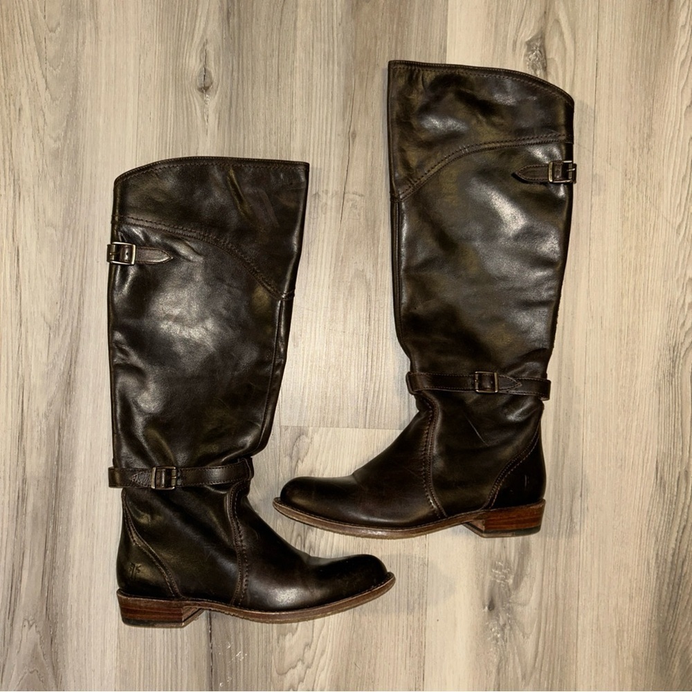 Frye VTG chocolate Brown Leather riding Boots with buckles